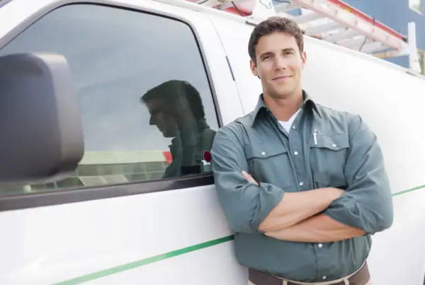 A smiling young technician in a work shirt stands with arms crossed beside a white service truck carrying a ladder on its roof rack.